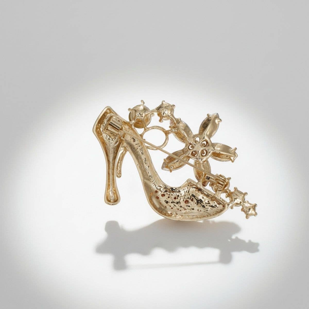 Brooch AKA Pink Green Crystal High Heel Flower Pin: Color: Pink and Green