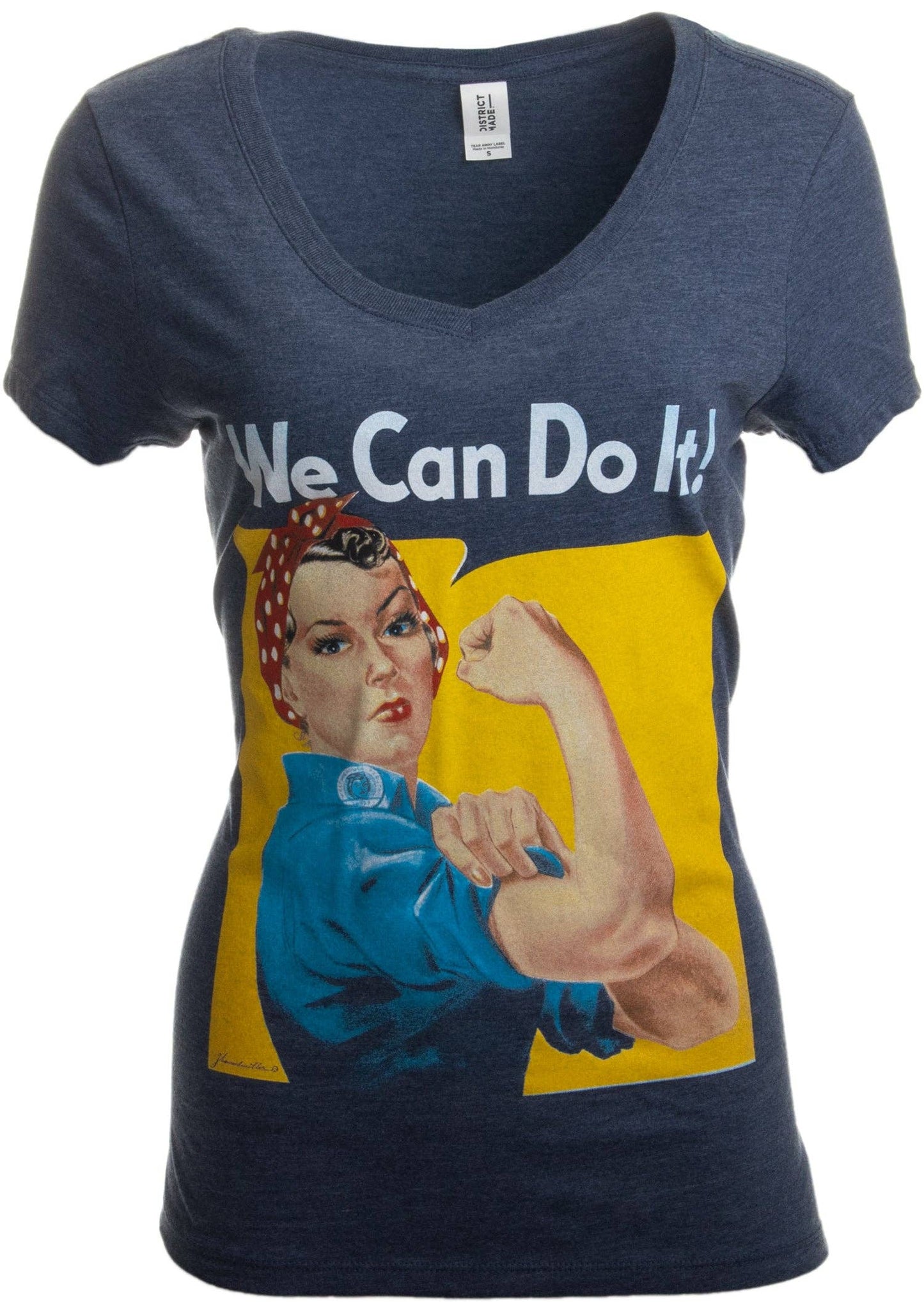 Rosie the Riveter, We Can Do It | Feminist Rosey Rosy V-neck T-shirt for Women: Vintage Navy