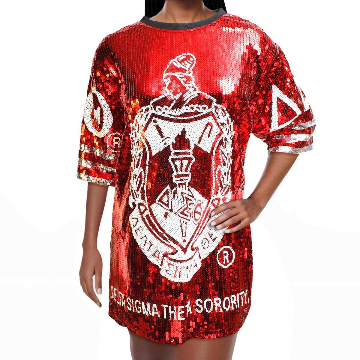 DST Sorority Red and White Sequin Jersey Shirt: Red and White