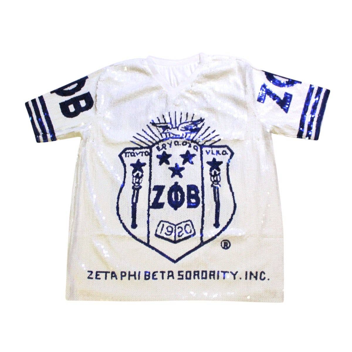 ZPB Sorority White Sequin Jersey Shirt for Women: Blue and Whit