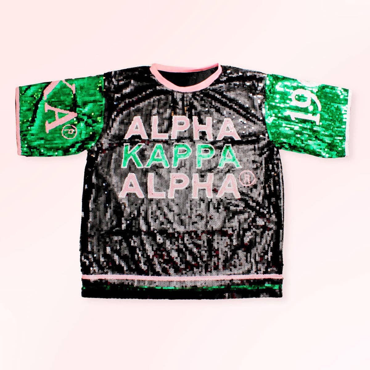 Alpha Kappa Alpha Black Sequin Jersey Shirt: Pink and Green