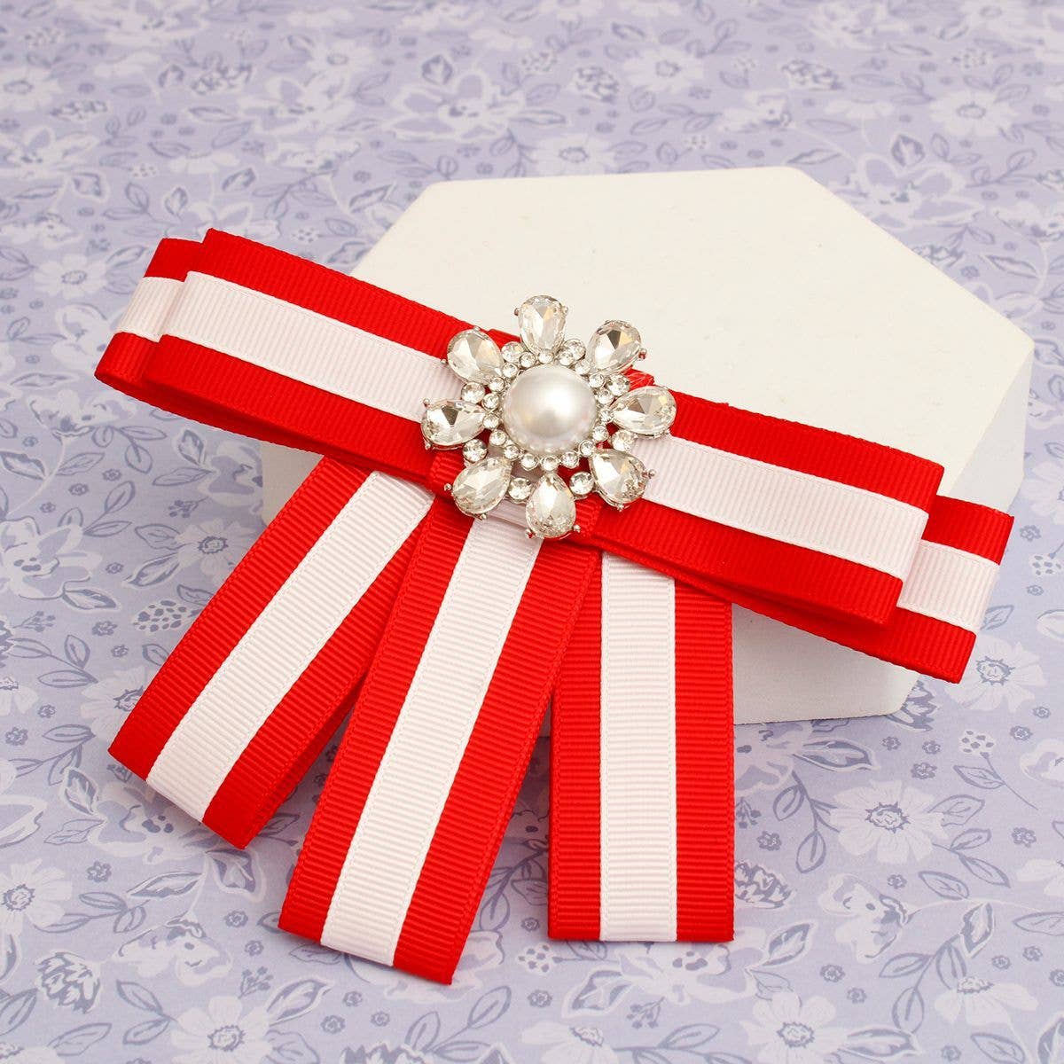 DST Sorority Red White Bow Tie Style Brooch: Red and White