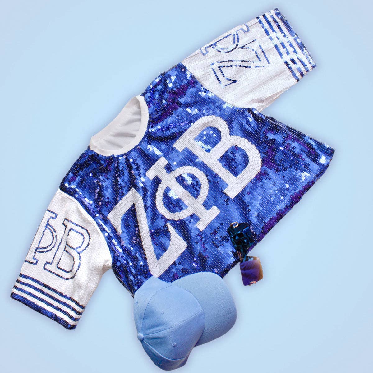 ZPB Sorority Blue and White Sequin Jersey Shirt: Blue and White