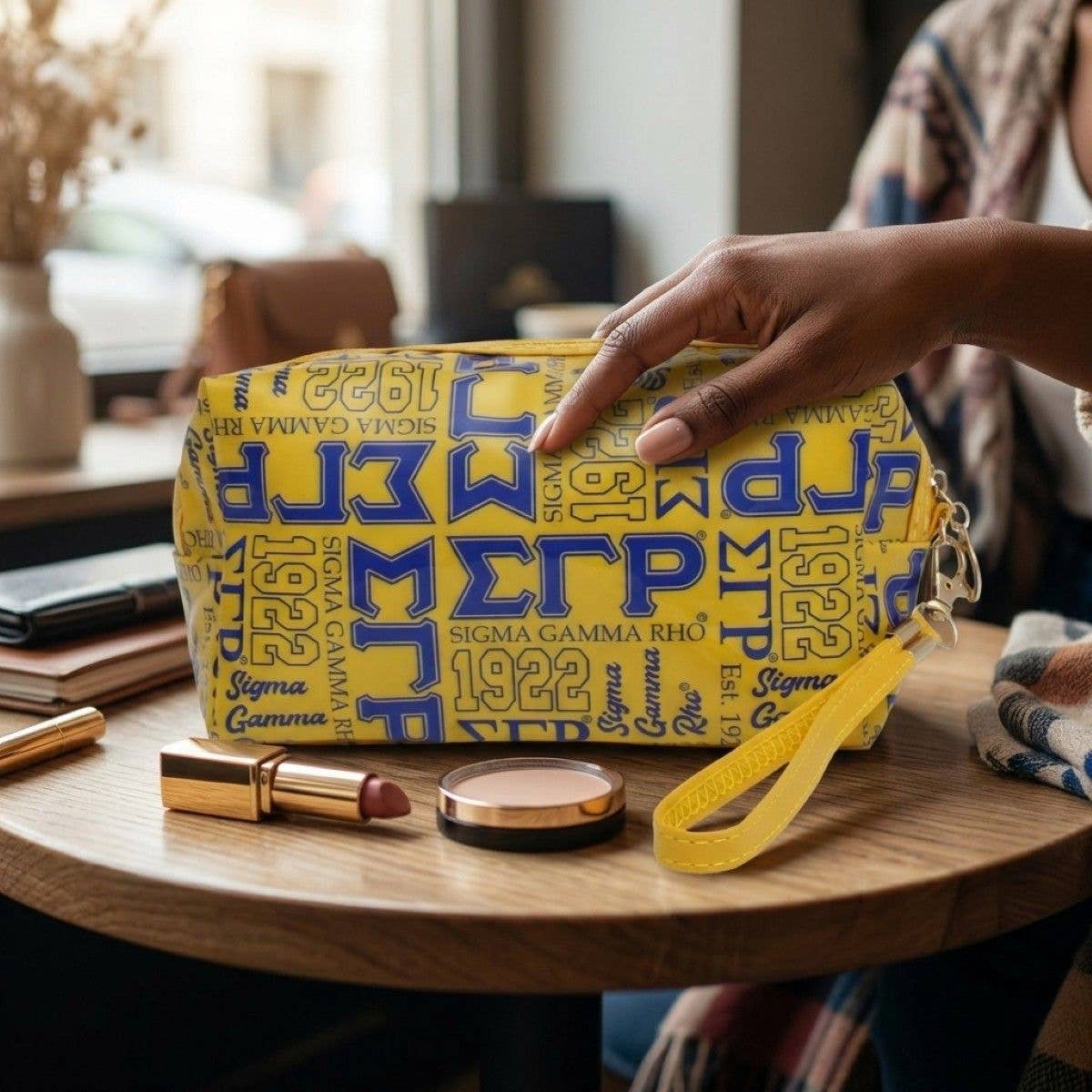SGRHO Yellow and Blue Graphic Print Makeup Pouch: Color: Gold and Blue