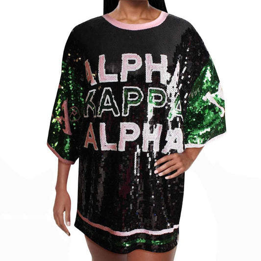 Alpha Kappa Alpha Black Sequin Jersey Shirt: Pink and Green