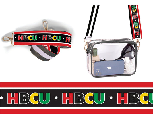 Bridget Clear Purse for HBCU in red, with printed purse strap
