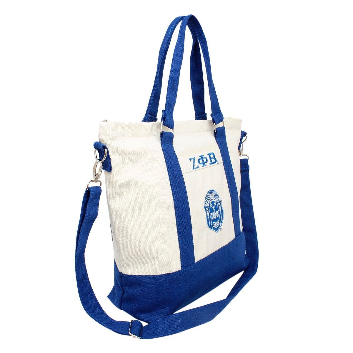ZPB Sorority Thick Canvas Embroidered Tote Bag: Blue /