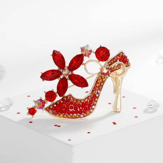 Brooch Red Crystal High Heel Flower Gold Pin: Color: Red