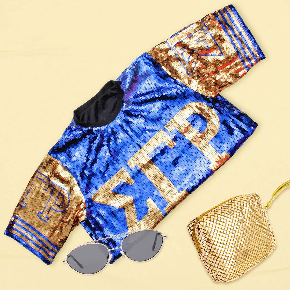 SGRHO Sorority Blue and Gold Sequin Jersey Shirt: Gold and Blue