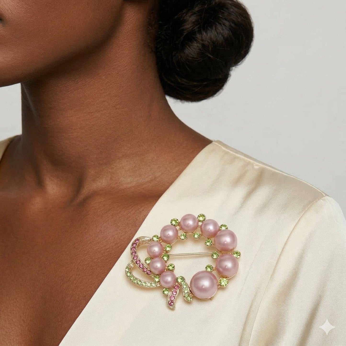 AKA Pink Pearl Wreath and Rhinestone Ribbon Brooch: Color: Pink and Green