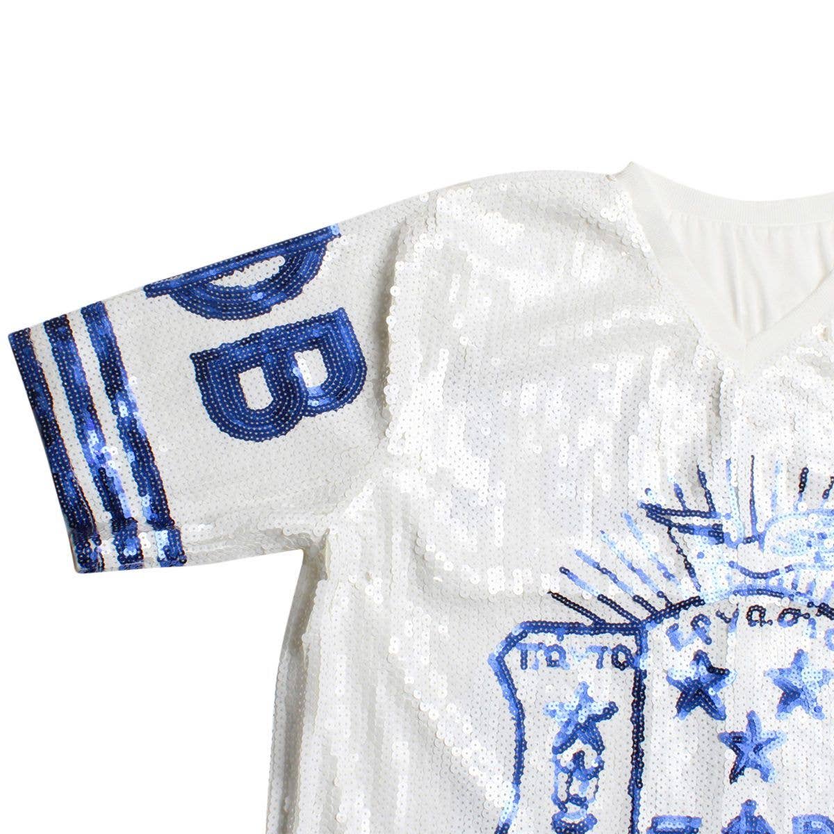 ZPB Sorority White Sequin Jersey Shirt for Women: Blue and Whit