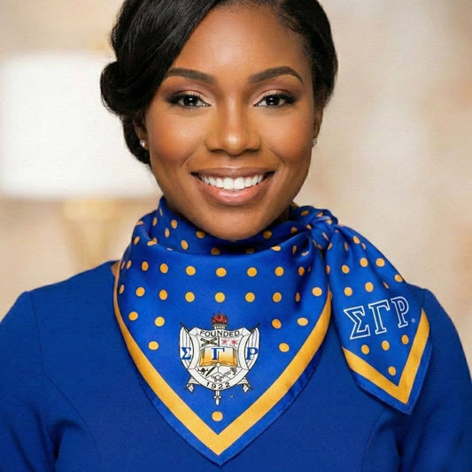 SGRHO Blue Yellow Polka Dot Square Sorority Scarf: Color: Gold and Blue / Plating: Multi Tone / Size: 34.5 x 34.5 inches