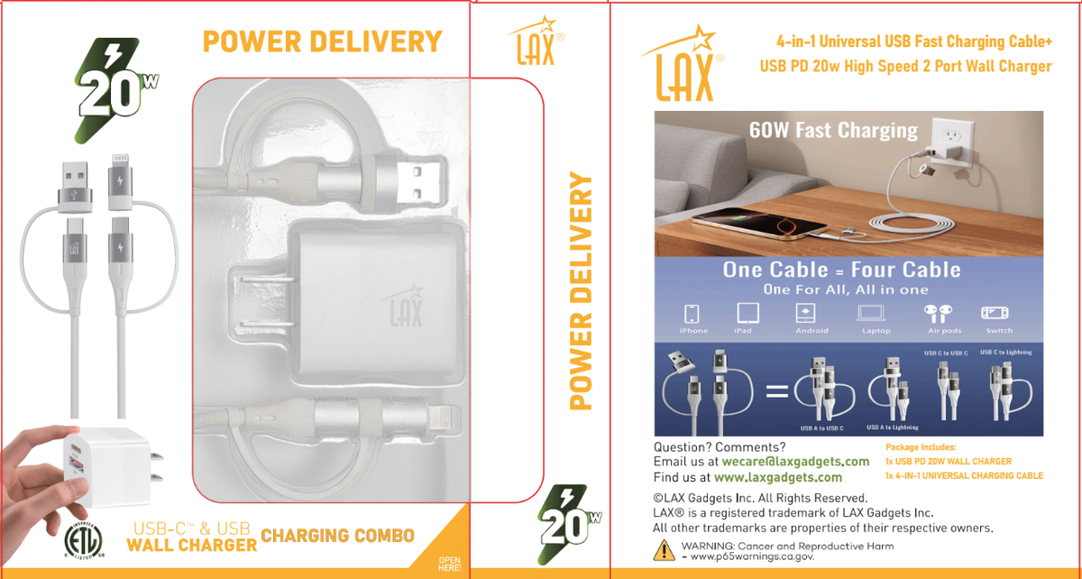 USB PD 20W Wall Charger + 6ft 4-in-1 Linear Cable- Retail