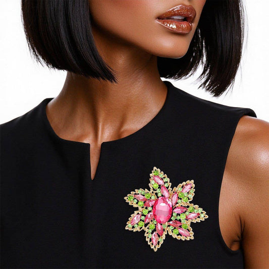 AKA Pointed Flower Pink Green Crystal Brooch: Pink and Green