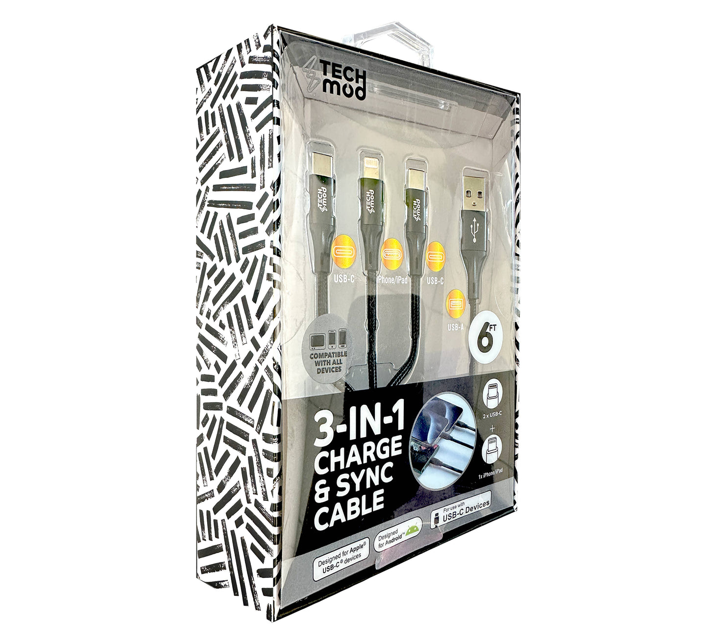 3-in-1 Cable For IPhone/Ipad & Android Devices - Retail Pack: Black