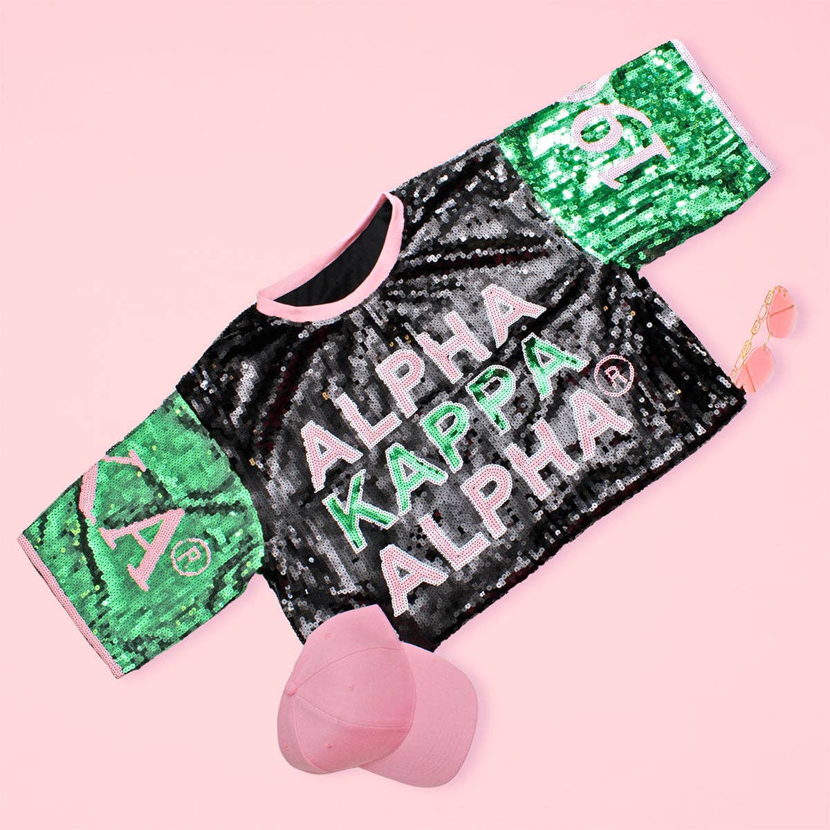 Alpha Kappa Alpha Black Sequin Jersey Shirt: Pink and Green