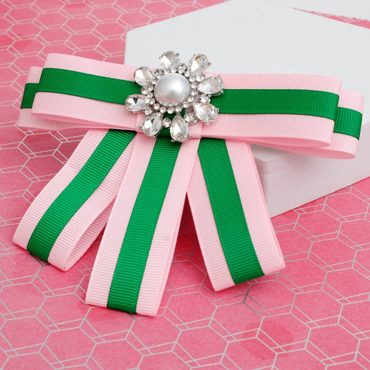 AKA Sorority Pink Green Bow Tie Style Brooch: Pink and Green
