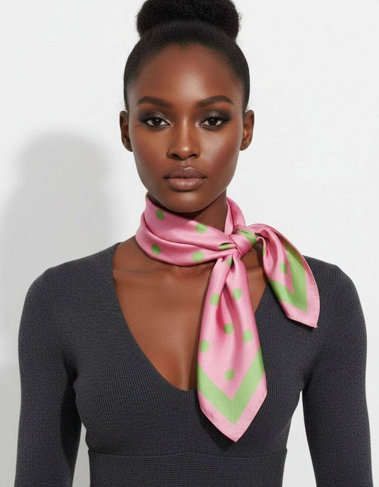 Pink and Green Polka Dot Silky Square Scarf AKA: Color: Pink