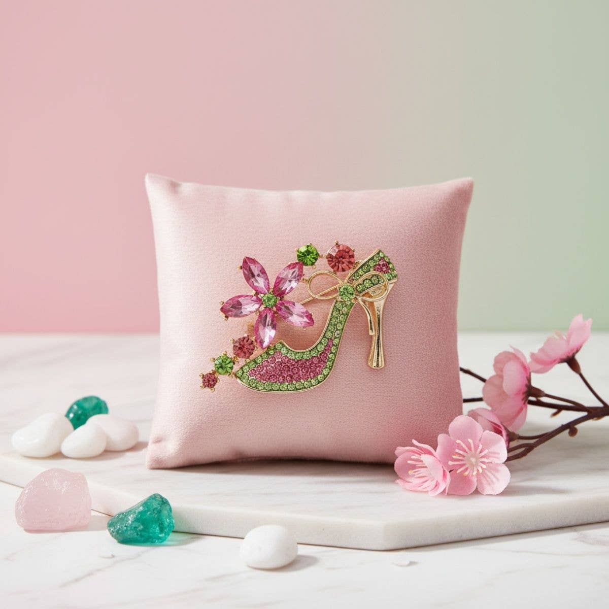Brooch AKA Pink Green Crystal High Heel Flower Pin: Color: Pink and Green