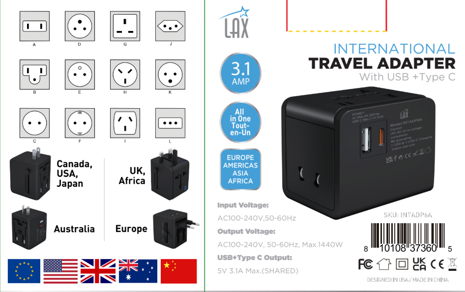Travel Adapter with 1x USB-C 3.1A 5V and 1 USB - Retail Pack