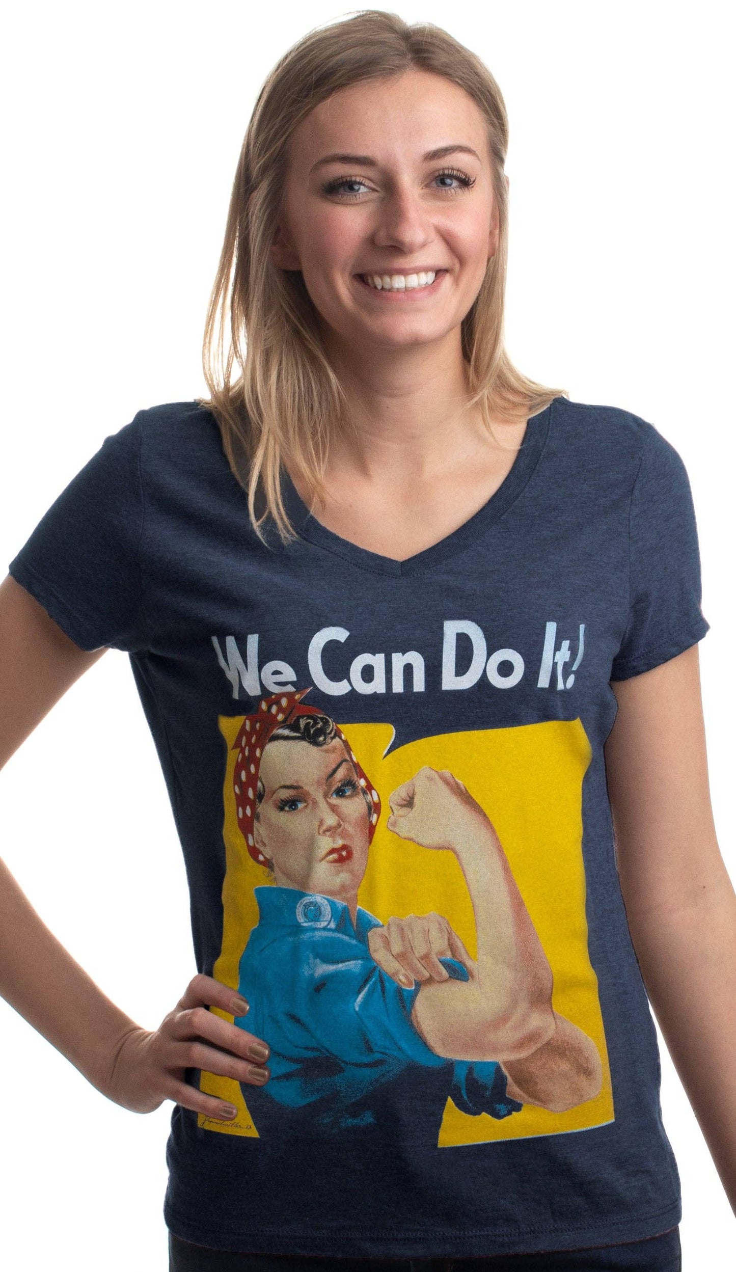 Rosie the Riveter, We Can Do It | Feminist Rosey Rosy V-neck T-shirt for Women: Vintage Navy