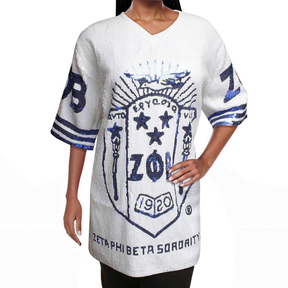 ZPB Sorority White Sequin Jersey Shirt for Women: Blue and Whit