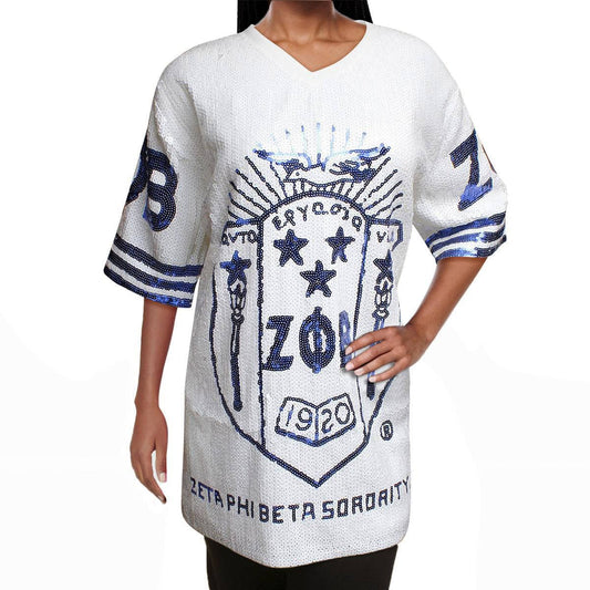 ZPB Sorority White Sequin Jersey Shirt for Women: Blue and Whit