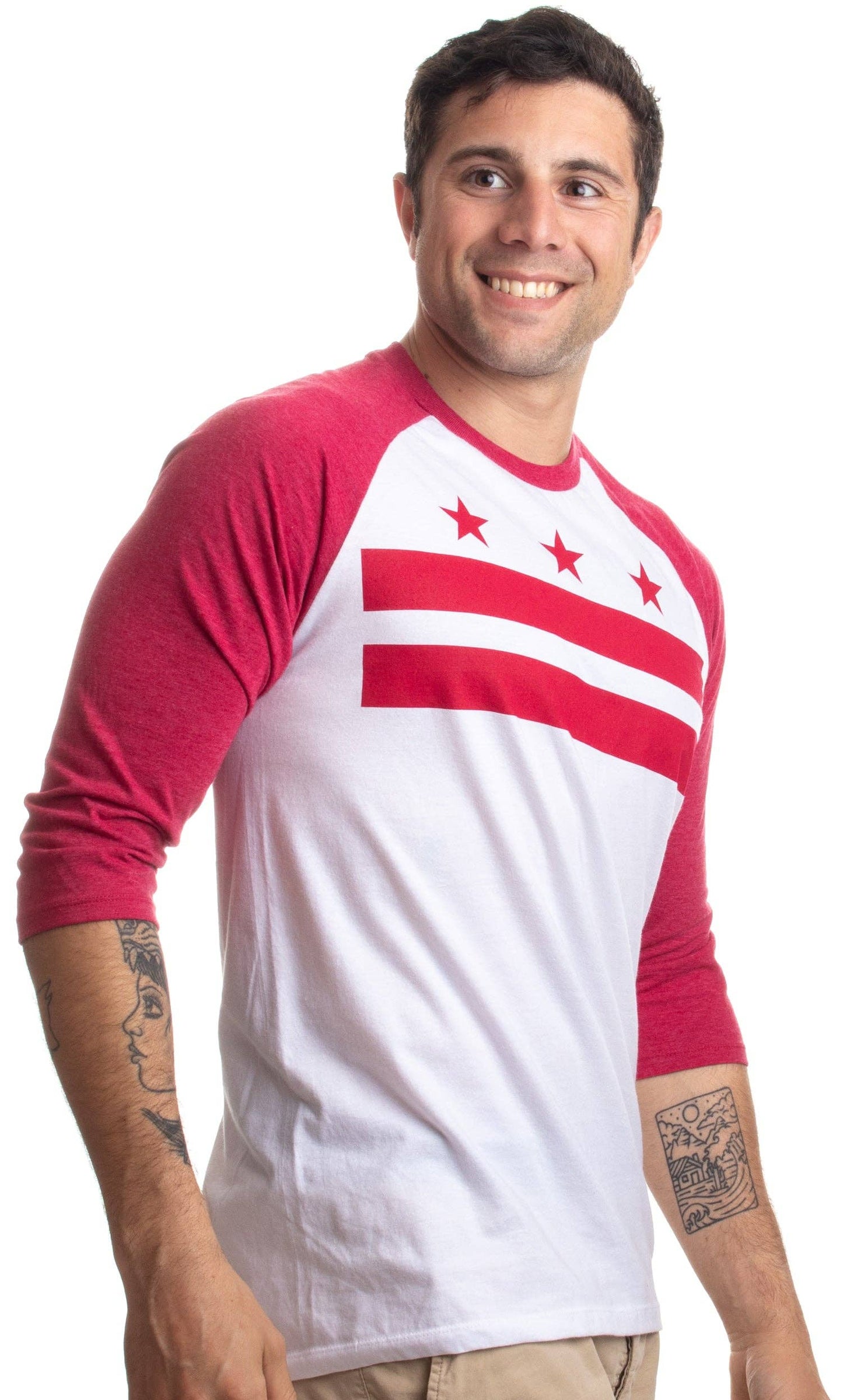 Washington DC Flag Capitol Raglan Baseball T-Shirt: Vintage Scarlet & White