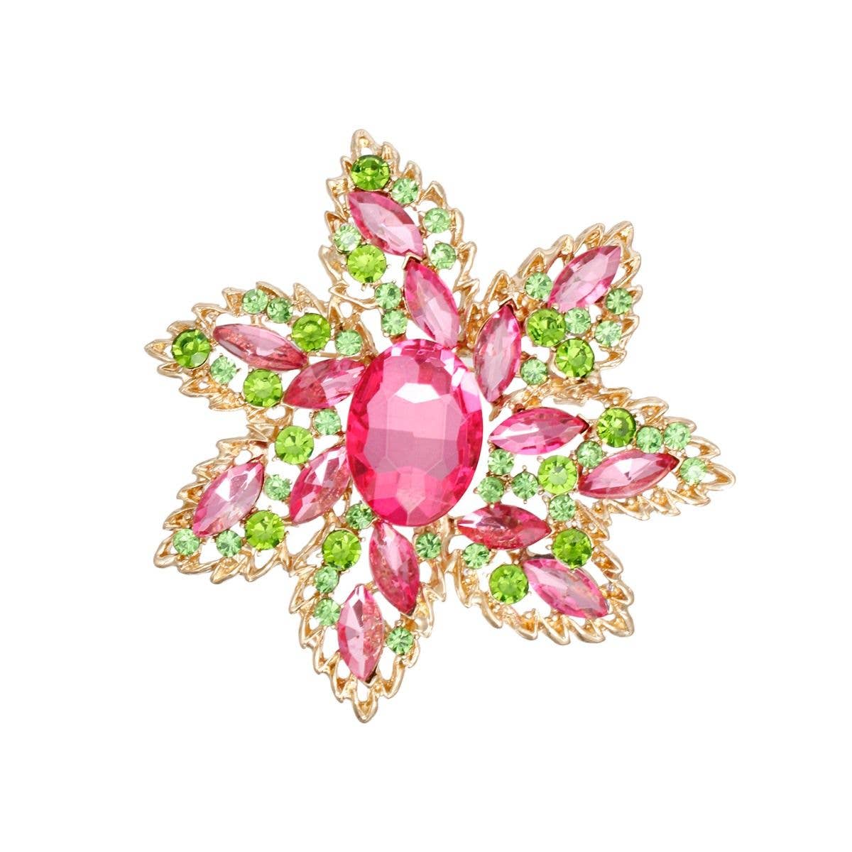 AKA Pointed Flower Pink Green Crystal Brooch: Pink and Green