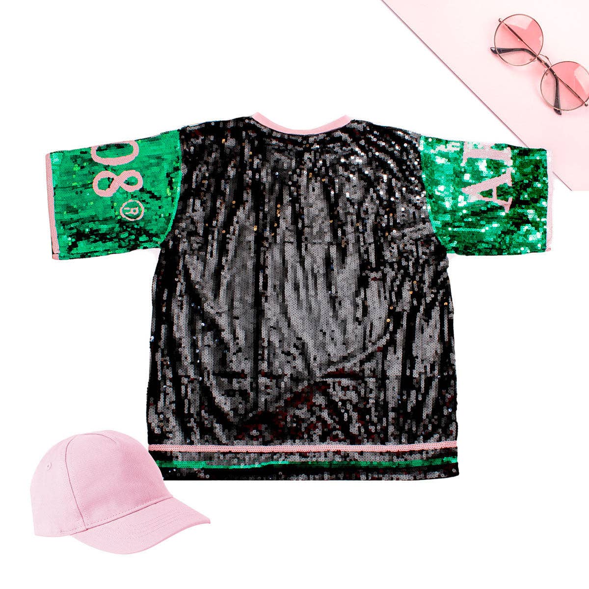 Alpha Kappa Alpha Black Sequin Jersey Shirt: Pink and Green