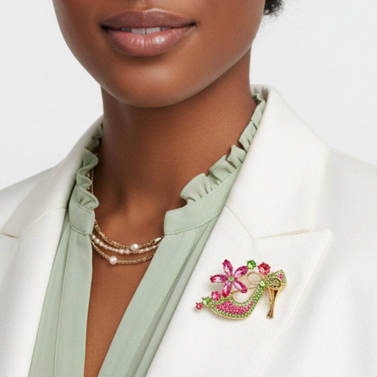 Brooch AKA Pink Green Crystal High Heel Flower Pin: Color: Pink and Green