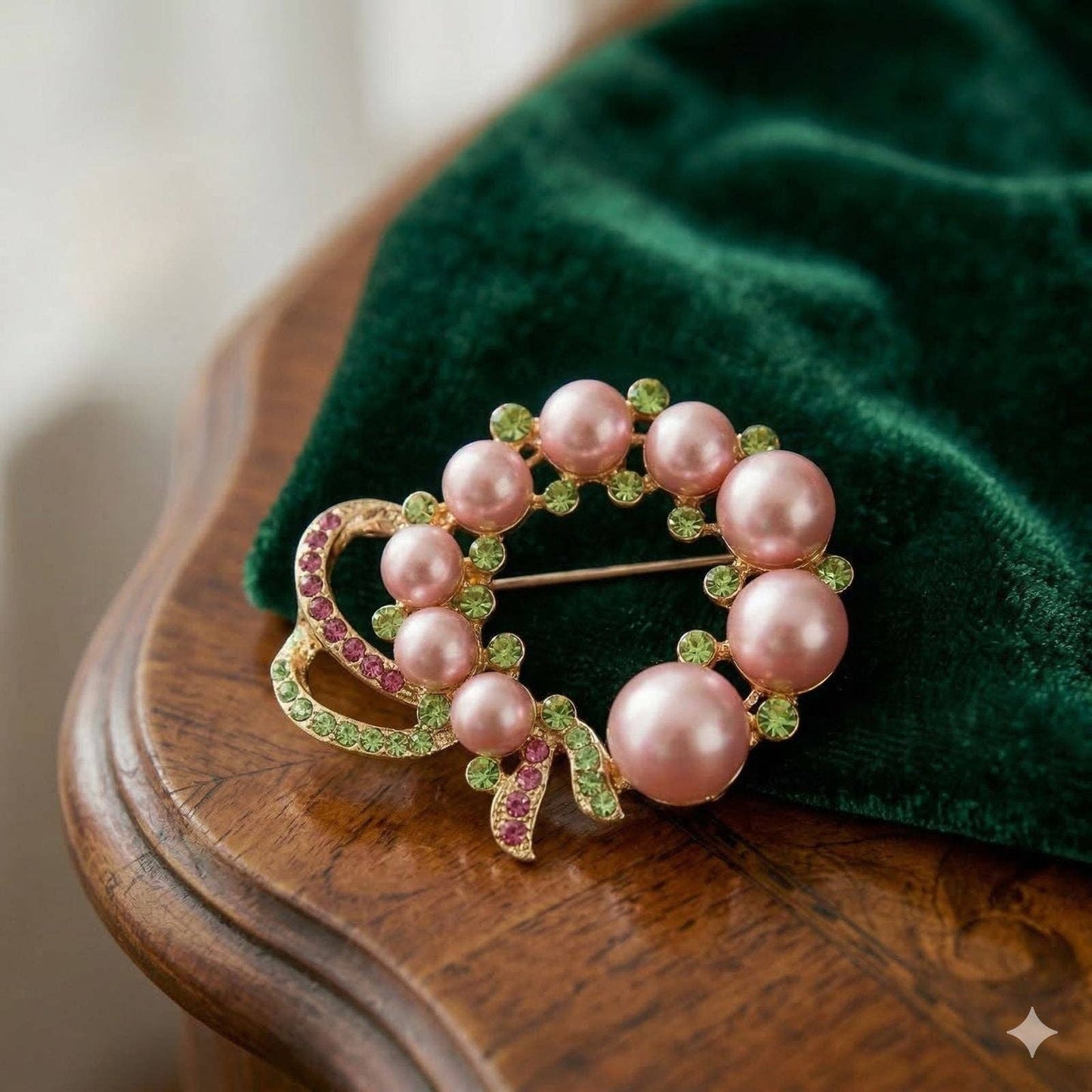 AKA Pink Pearl Wreath and Rhinestone Ribbon Brooch: Color: Pink and Green