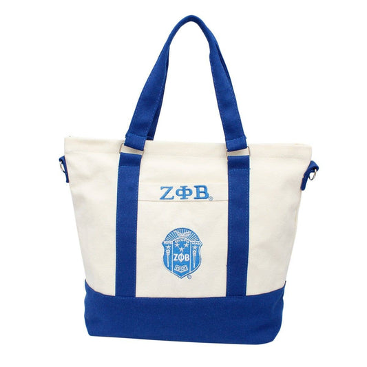 ZPB Sorority Thick Canvas Embroidered Tote Bag: Blue /