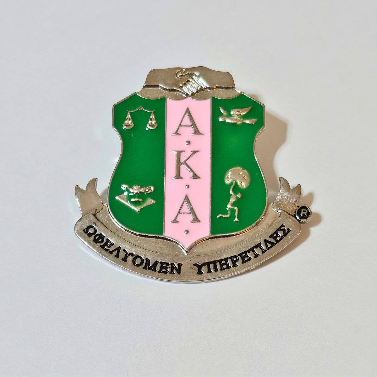 Pink Green Sorority Shield Brooch: Pink and Green