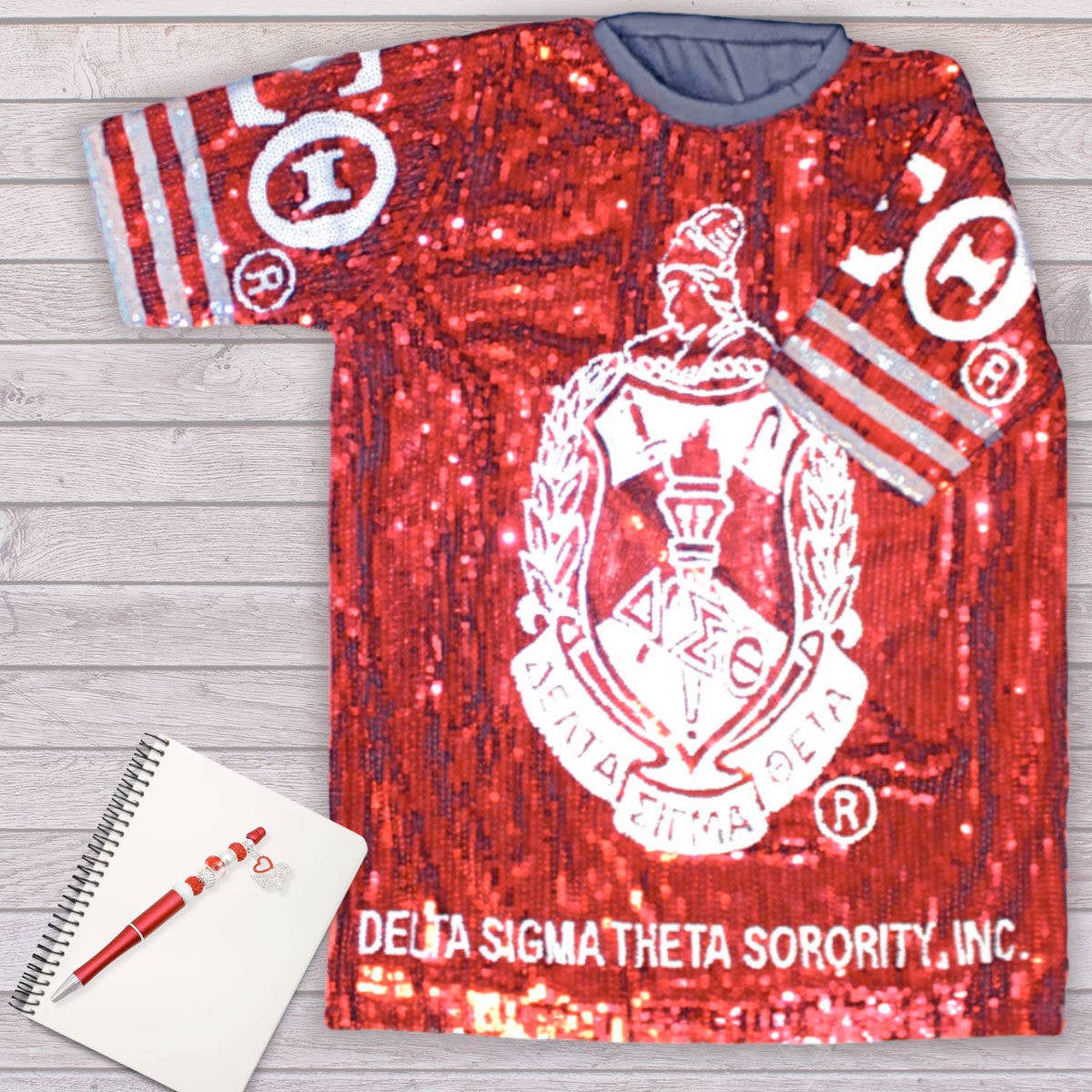 DST Sorority Red and White Sequin Jersey Shirt: Red and White