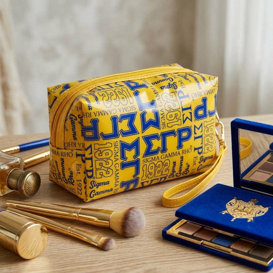 SGRHO Yellow and Blue Graphic Print Makeup Pouch: Color: Gold and Blue