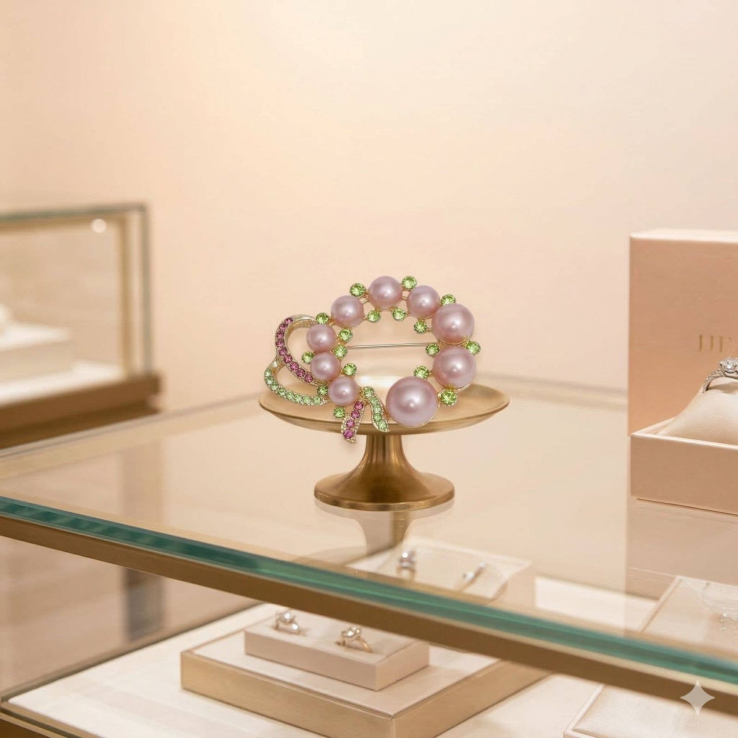 AKA Pink Pearl Wreath and Rhinestone Ribbon Brooch: Color: Pink and Green